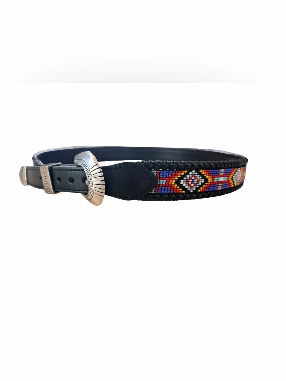 Vintage Leather Belt with Native American Beadwork Design 38 length